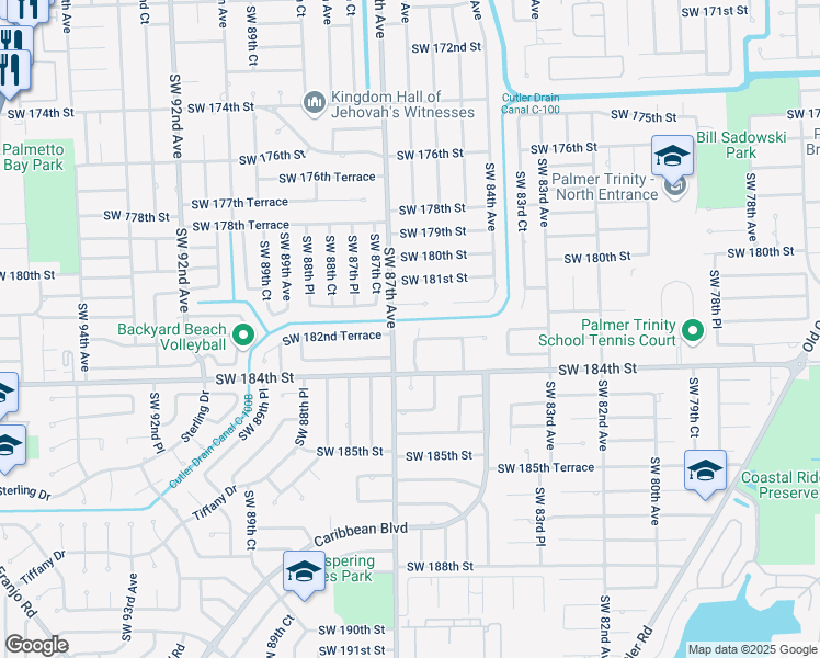 map of restaurants, bars, coffee shops, grocery stores, and more near 8525 Southwest 182nd Terrace in Palmetto Bay