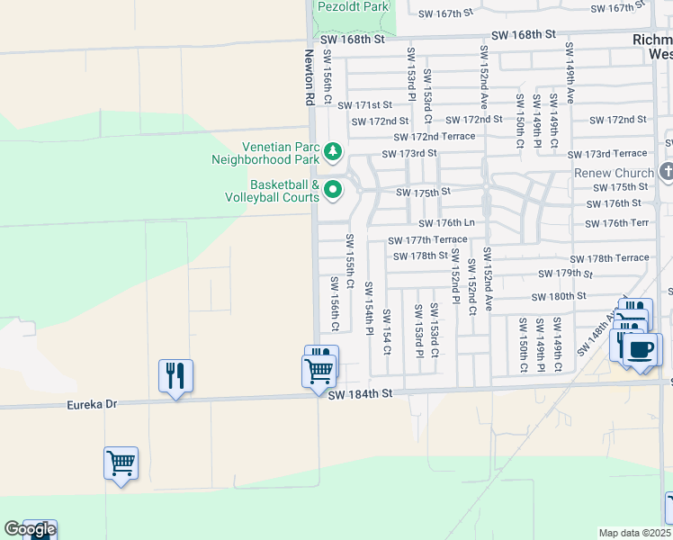 map of restaurants, bars, coffee shops, grocery stores, and more near 17865 Southwest 156th Court in Miami