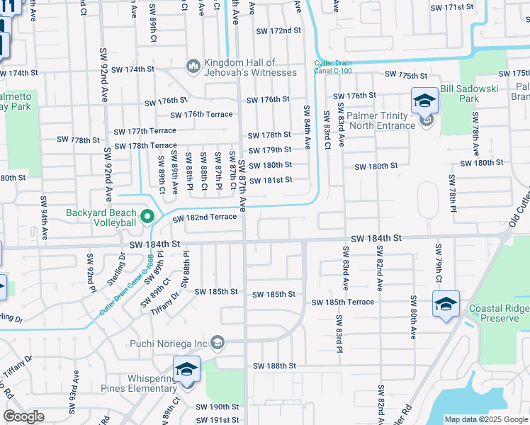 map of restaurants, bars, coffee shops, grocery stores, and more near 8525 Southwest 182nd Terrace in Palmetto Bay