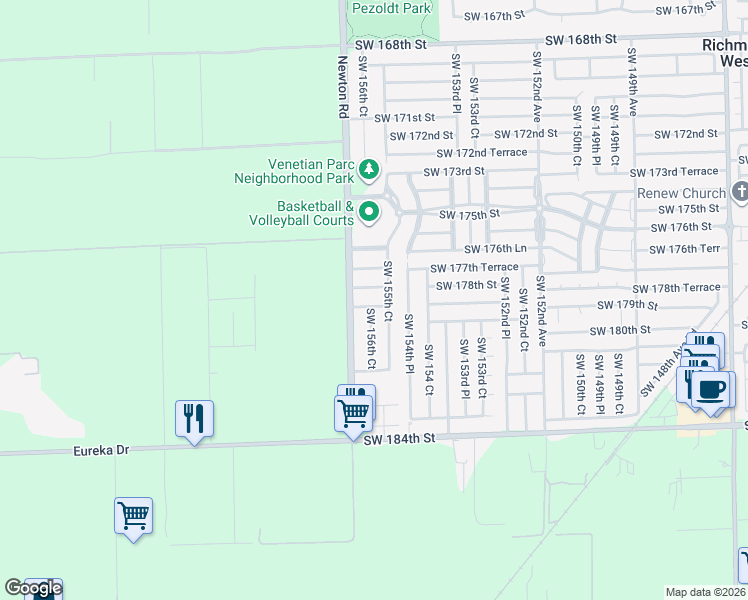 map of restaurants, bars, coffee shops, grocery stores, and more near 17865 Southwest 156th Court in Miami