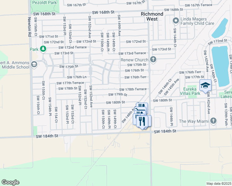map of restaurants, bars, coffee shops, grocery stores, and more near 14923 Southwest 179th Street in Miami