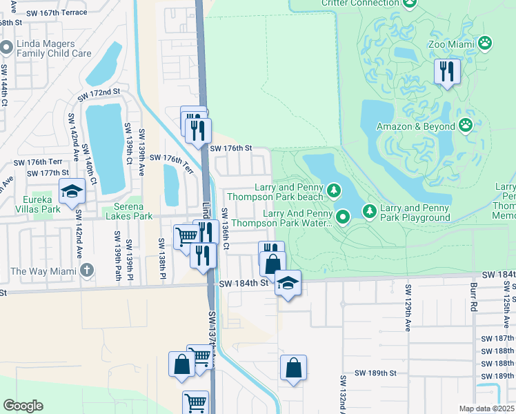 map of restaurants, bars, coffee shops, grocery stores, and more near 18013 Southwest 135th Avenue in Miami