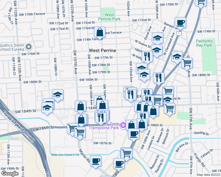 map of restaurants, bars, coffee shops, grocery stores, and more near 10357 Southwest 182nd Street in Miami