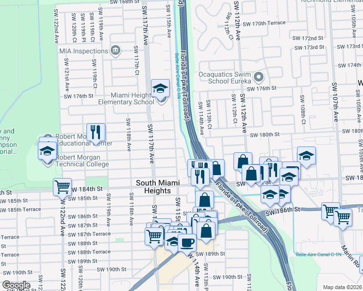 map of restaurants, bars, coffee shops, grocery stores, and more near 11482 Southwest 181st Street in Miami
