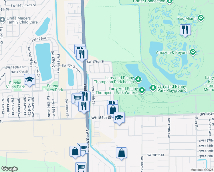 map of restaurants, bars, coffee shops, grocery stores, and more near 18013 Southwest 135th Avenue in Miami