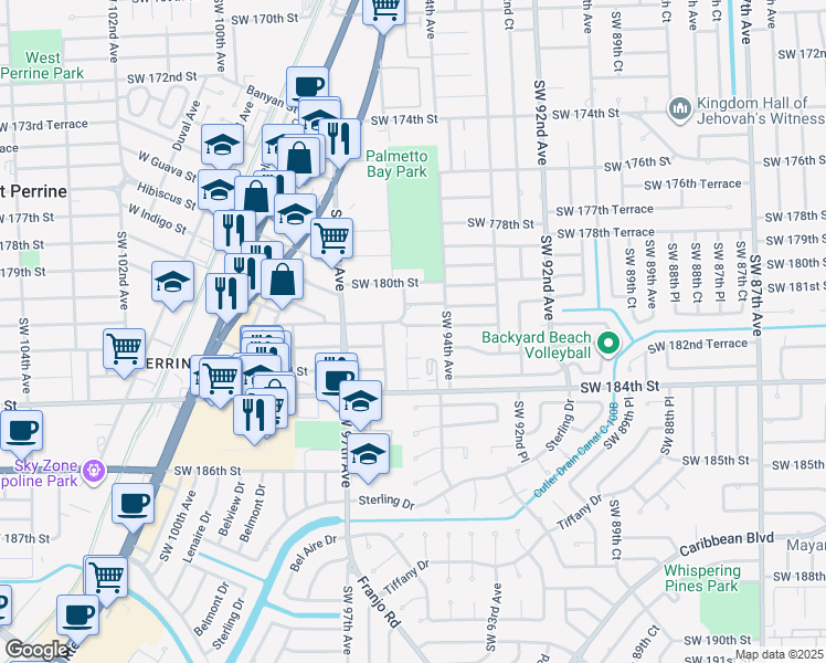 map of restaurants, bars, coffee shops, grocery stores, and more near 18212 Southwest 94th Court in Palmetto Bay