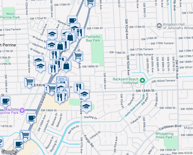 map of restaurants, bars, coffee shops, grocery stores, and more near 18212 Southwest 94th Court in Palmetto Bay