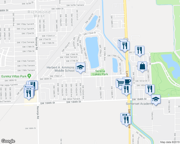 map of restaurants, bars, coffee shops, grocery stores, and more near 14116 Southwest 179th Terrace in Miami