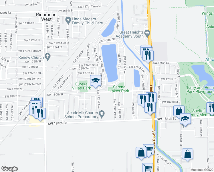 map of restaurants, bars, coffee shops, grocery stores, and more near 14204 Southwest 179th Street in Miami