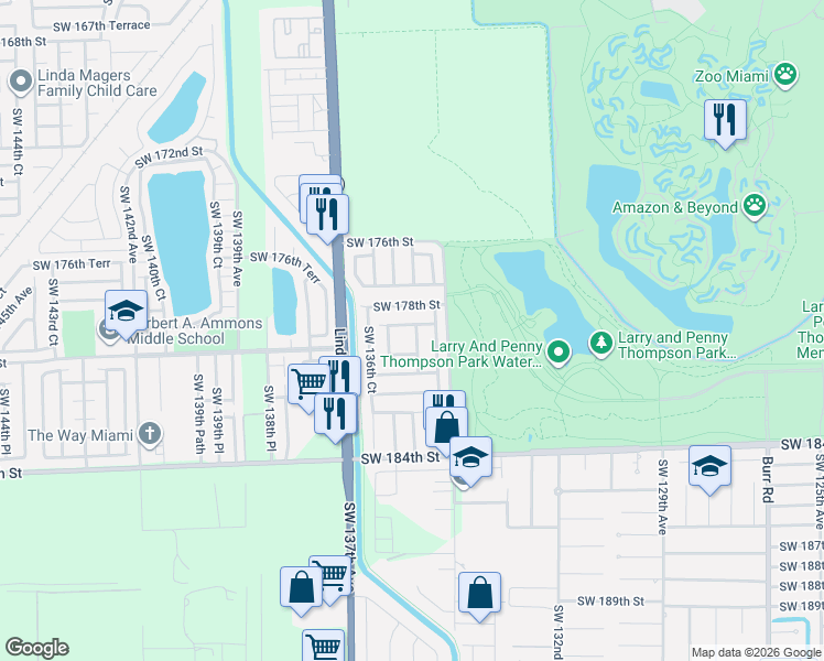 map of restaurants, bars, coffee shops, grocery stores, and more near 18013 Southwest 135th Avenue in Miami