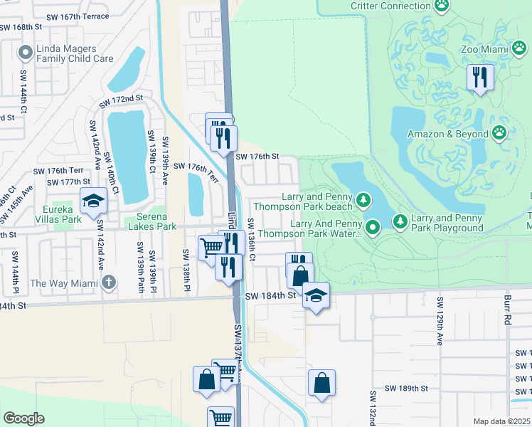 map of restaurants, bars, coffee shops, grocery stores, and more near 18010 Southwest 136th Avenue in Miami