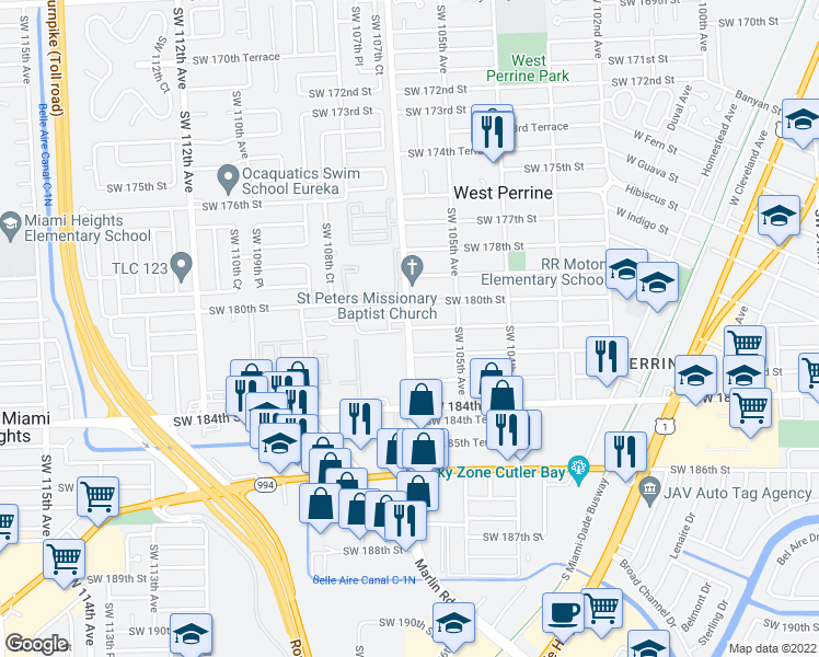 map of restaurants, bars, coffee shops, grocery stores, and more near 10653 Southwest 182nd Street in Miami