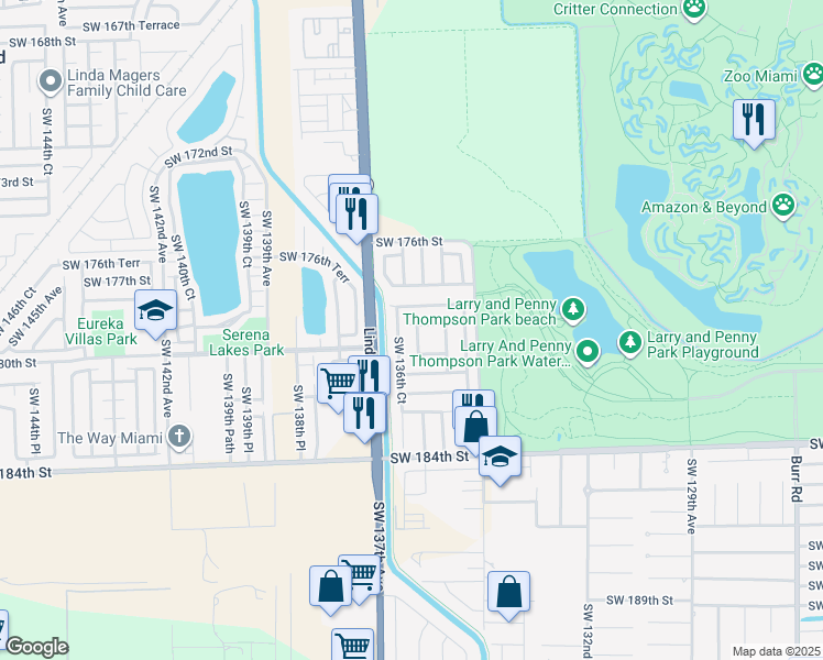 map of restaurants, bars, coffee shops, grocery stores, and more near 18010 Southwest 136th Avenue in Miami