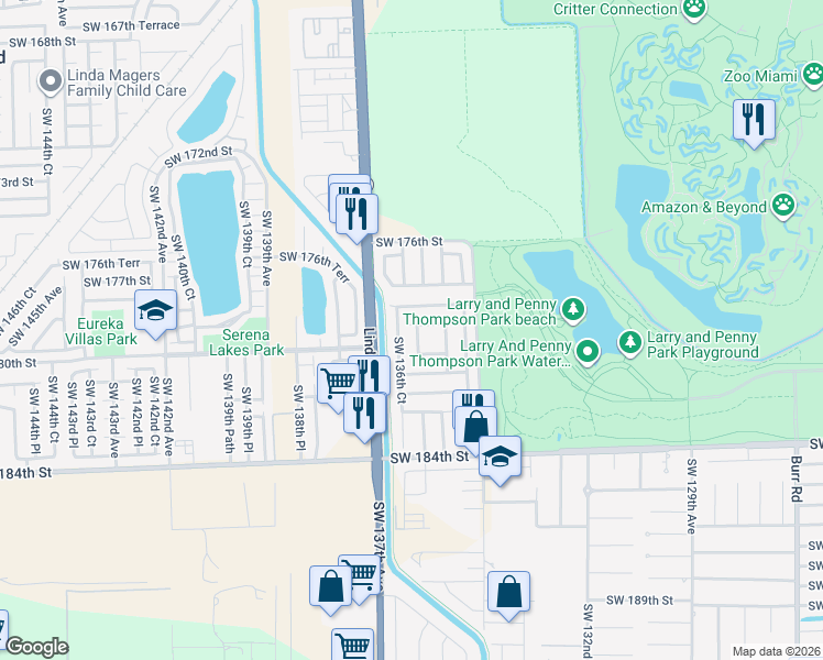 map of restaurants, bars, coffee shops, grocery stores, and more near 18010 Southwest 136th Avenue in Miami