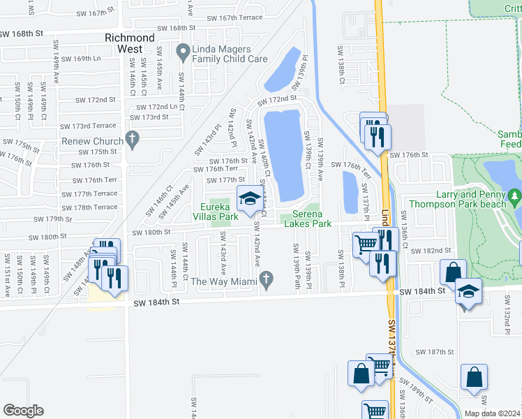 map of restaurants, bars, coffee shops, grocery stores, and more near 17882 Southwest 141st Court in Miami