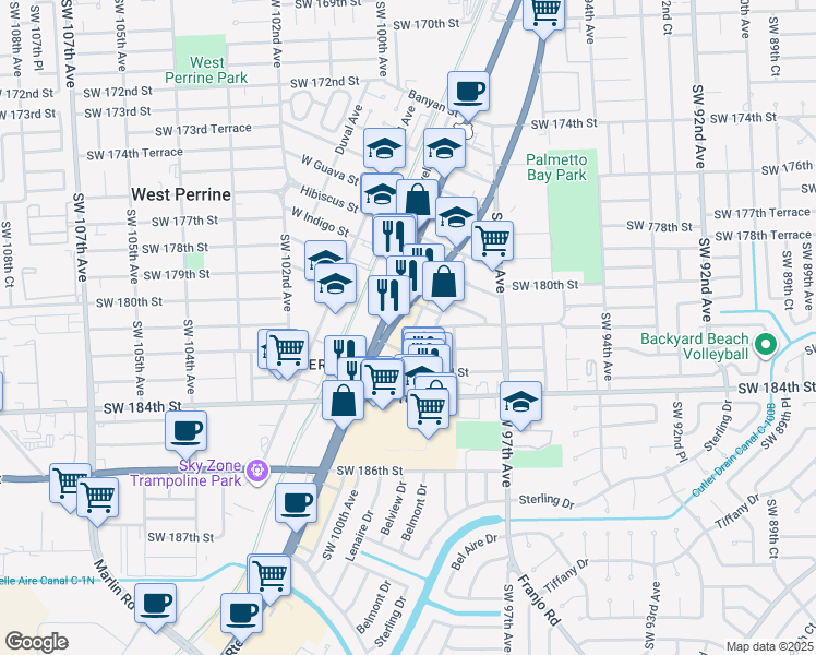 map of restaurants, bars, coffee shops, grocery stores, and more near 18093 South Dixie Highway in Miami
