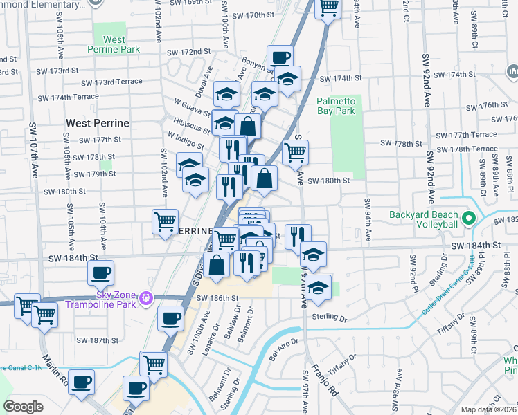 map of restaurants, bars, coffee shops, grocery stores, and more near 18180 Southwest 98th Avenue in Palmetto Bay