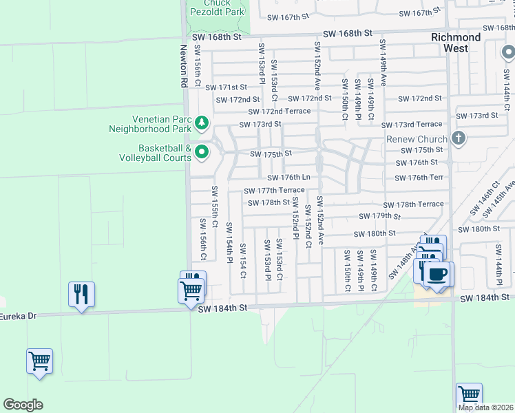 map of restaurants, bars, coffee shops, grocery stores, and more near 15396 Southwest 178th Terrace in Miami