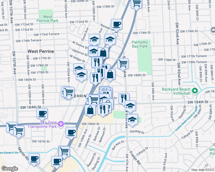 map of restaurants, bars, coffee shops, grocery stores, and more near 18180 Southwest 98th Avenue in Palmetto Bay