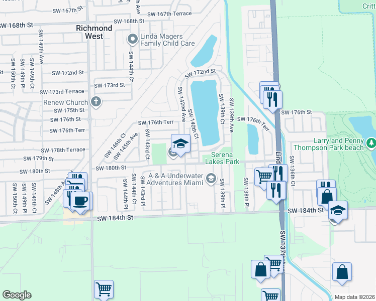 map of restaurants, bars, coffee shops, grocery stores, and more near 14116 Southwest 179th Terrace in Miami