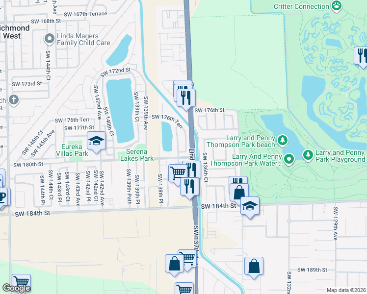 map of restaurants, bars, coffee shops, grocery stores, and more near 17853 Southwest 137th Place in Miami