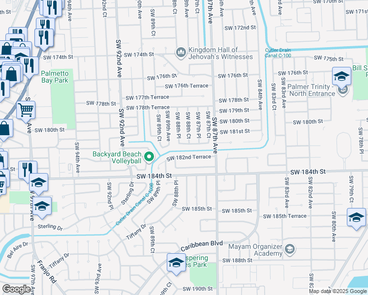 map of restaurants, bars, coffee shops, grocery stores, and more near 18102 Southwest 88th Place in Palmetto Bay