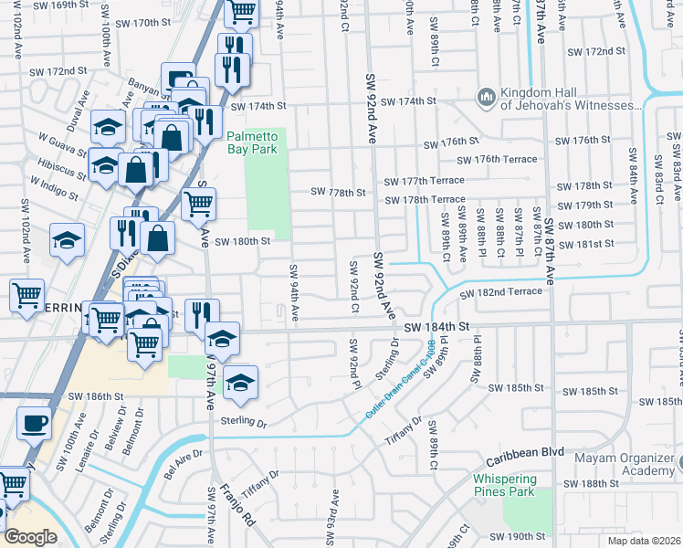 map of restaurants, bars, coffee shops, grocery stores, and more near 18054 Southwest 92nd Court in Palmetto Bay