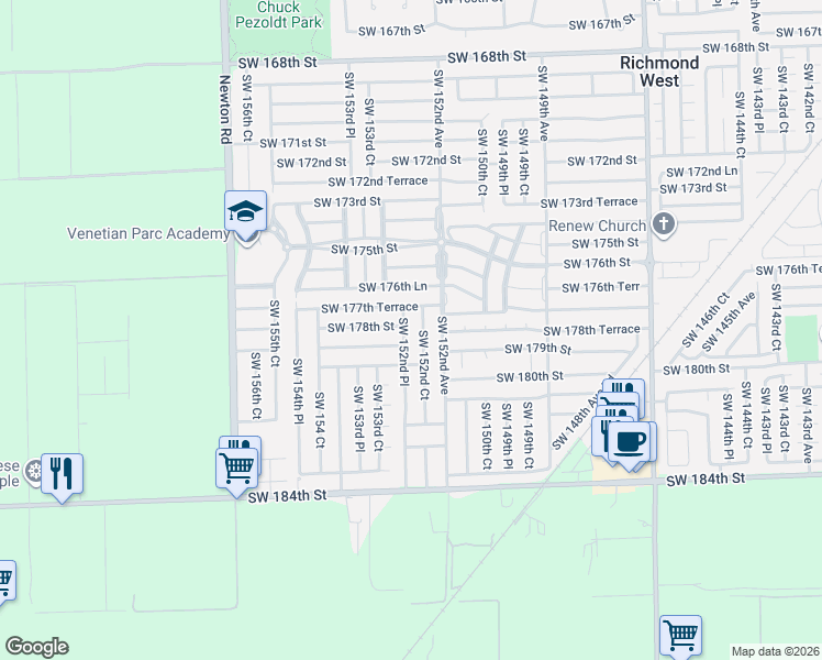 map of restaurants, bars, coffee shops, grocery stores, and more near 17732 Southwest 152nd Court in Miami