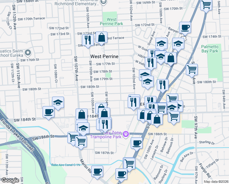 map of restaurants, bars, coffee shops, grocery stores, and more near 10322 Southwest 180th Street in Miami