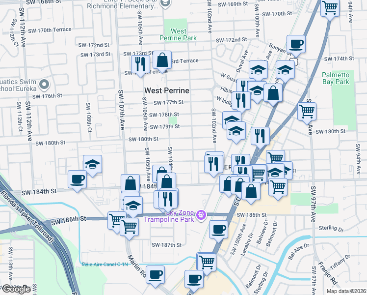 map of restaurants, bars, coffee shops, grocery stores, and more near 10322 Southwest 180th Street in Miami