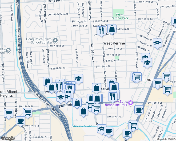 map of restaurants, bars, coffee shops, grocery stores, and more near 17844 Southwest 107th Avenue in Miami