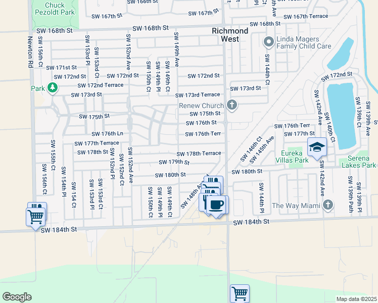 map of restaurants, bars, coffee shops, grocery stores, and more near 14851 Southwest 177th Terrace in Miami