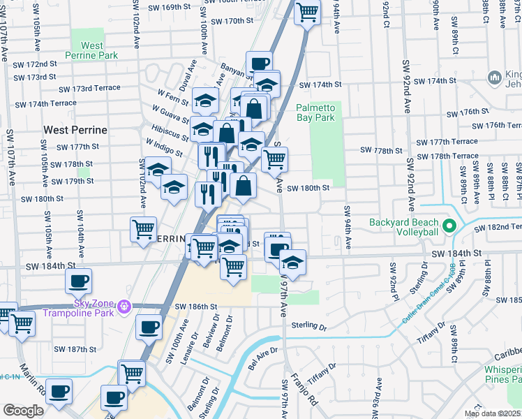 map of restaurants, bars, coffee shops, grocery stores, and more near 9710 East Indigo Street in Palmetto Bay