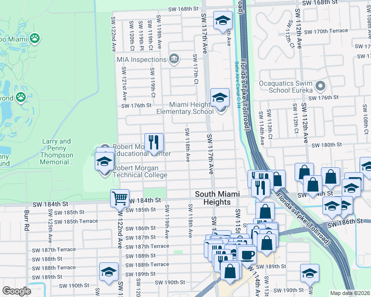 map of restaurants, bars, coffee shops, grocery stores, and more near 11801 Southwest 179th Terrace in Miami