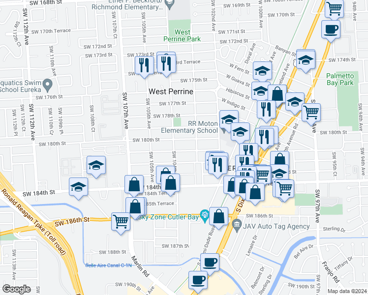map of restaurants, bars, coffee shops, grocery stores, and more near 10355 Southwest 181st Street in Miami