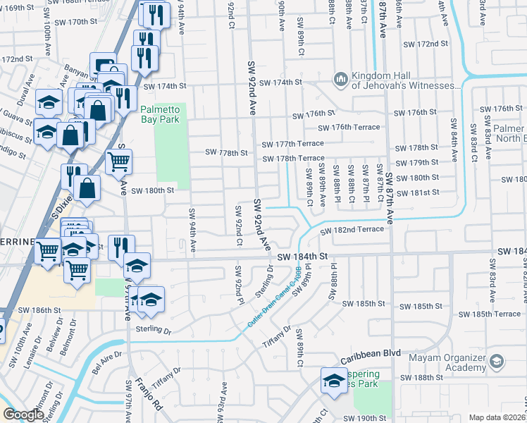 map of restaurants, bars, coffee shops, grocery stores, and more near 18101 Southwest 92nd Avenue in Palmetto Bay