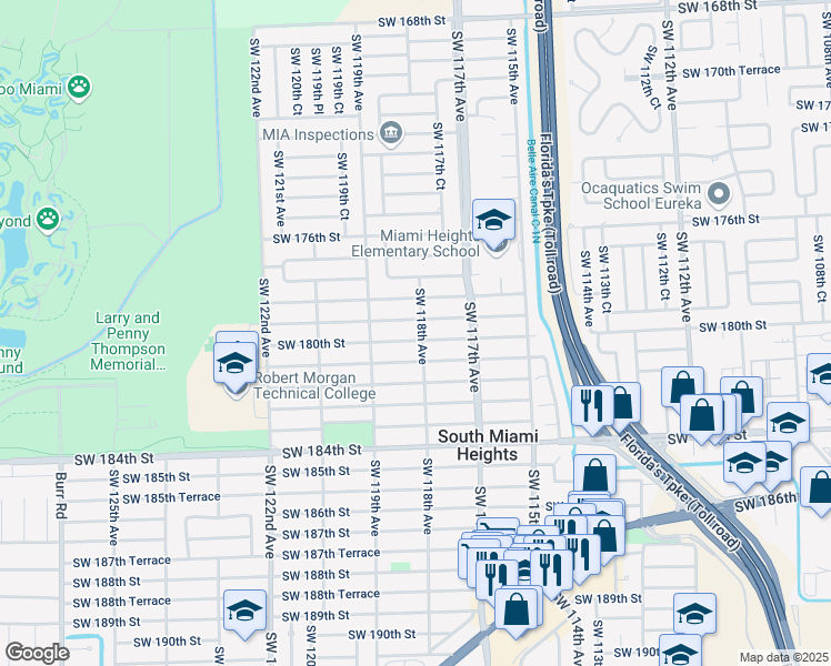 map of restaurants, bars, coffee shops, grocery stores, and more near 11801 Southwest 179th Terrace in Miami