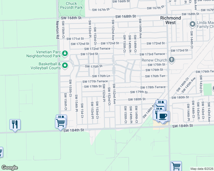 map of restaurants, bars, coffee shops, grocery stores, and more near 17732 Southwest 152nd Court in Miami
