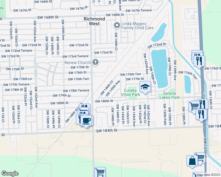 map of restaurants, bars, coffee shops, grocery stores, and more near 17749 Southwest 146th Court in Miami