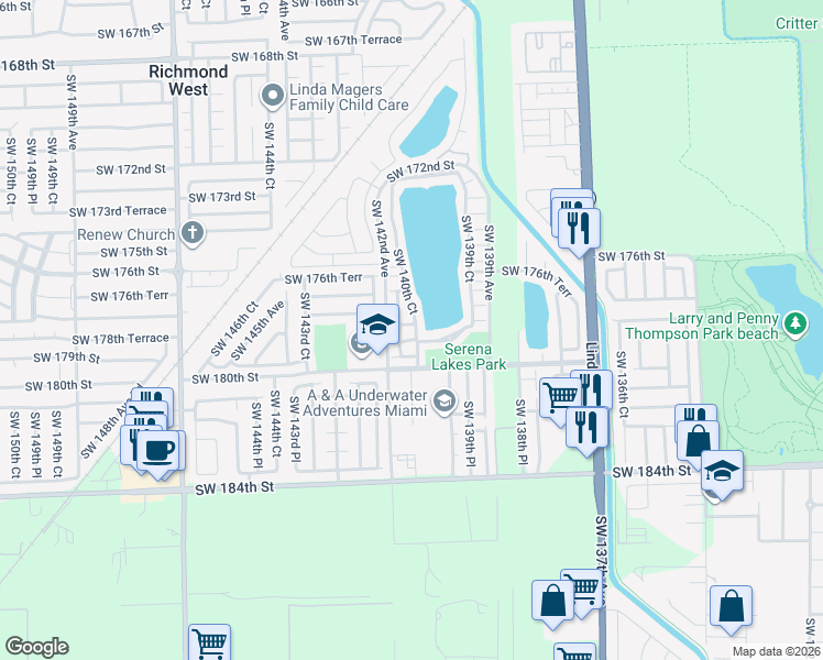 map of restaurants, bars, coffee shops, grocery stores, and more near 14101 Southwest 178th Street in Miami