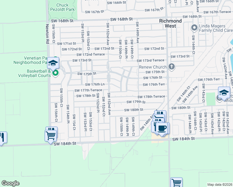 map of restaurants, bars, coffee shops, grocery stores, and more near 15141 Southwest 177th Terrace in Miami