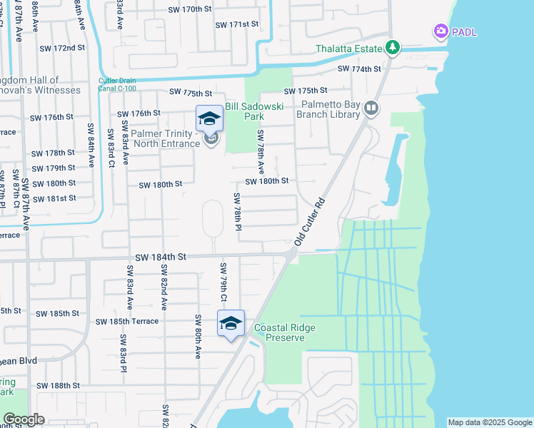 map of restaurants, bars, coffee shops, grocery stores, and more near 7801 Southwest 181st Terrace in Palmetto Bay