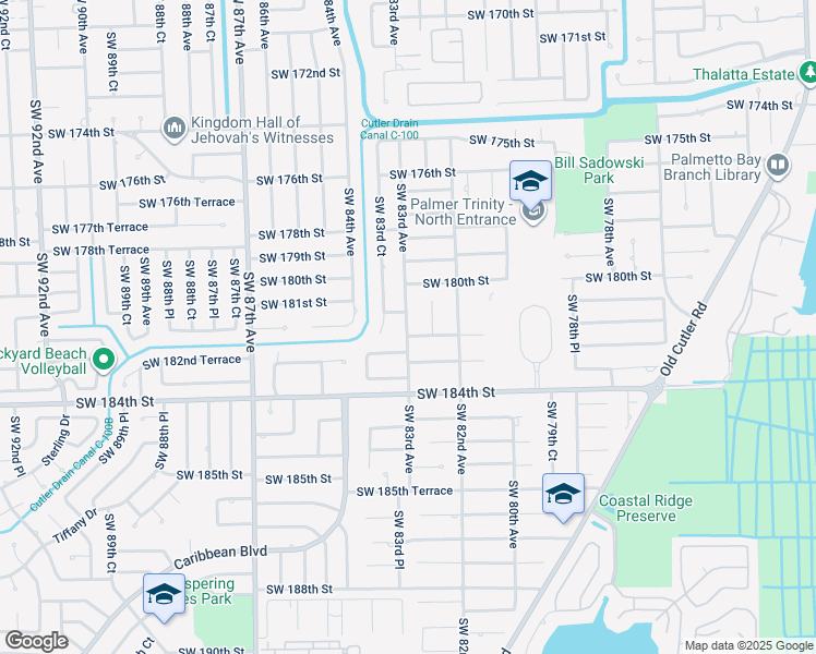 map of restaurants, bars, coffee shops, grocery stores, and more near 18101 Southwest 83rd Court in Palmetto Bay