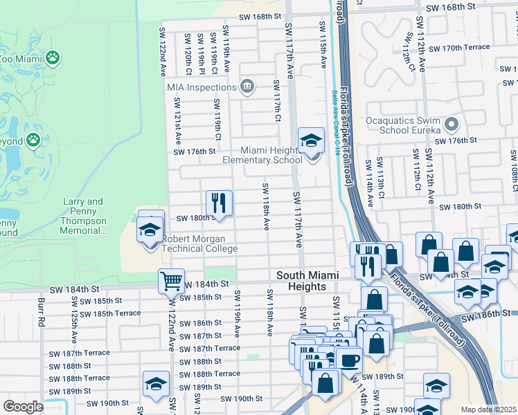 map of restaurants, bars, coffee shops, grocery stores, and more near 11801 Southwest 179th Terrace in Miami