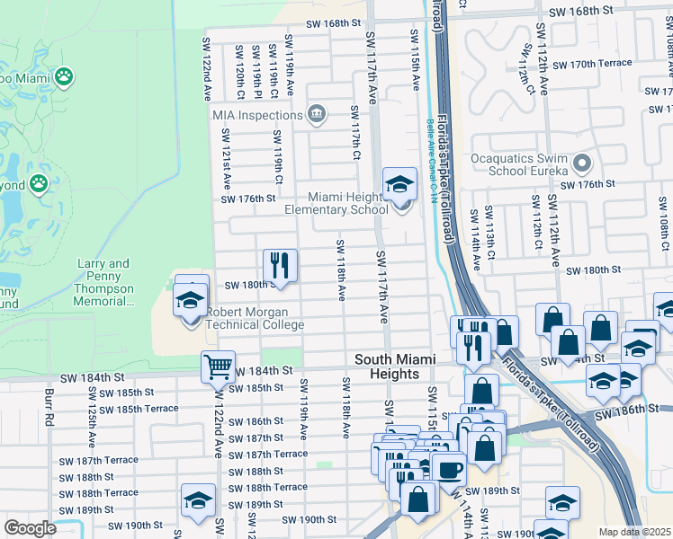 map of restaurants, bars, coffee shops, grocery stores, and more near 11801 Southwest 179th Terrace in Miami