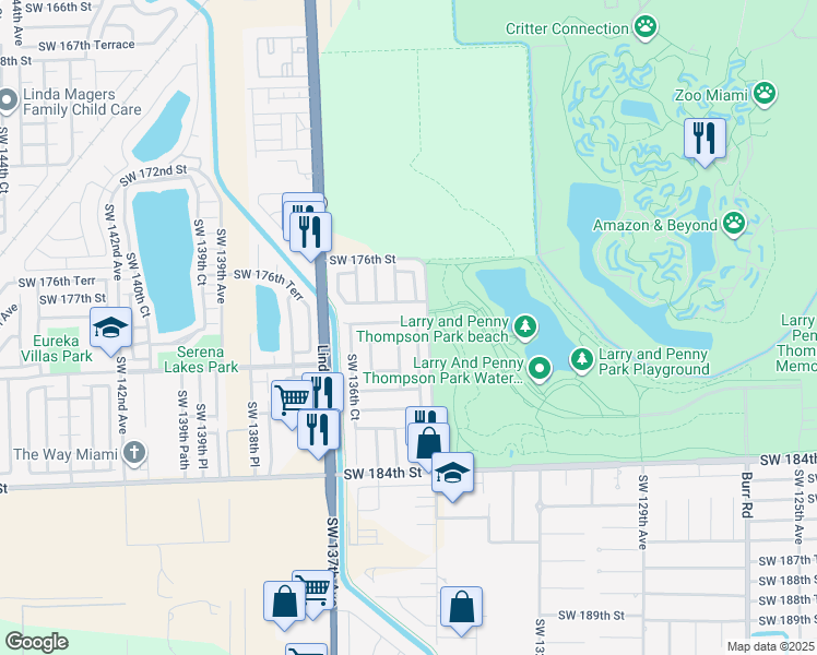 map of restaurants, bars, coffee shops, grocery stores, and more near 13451 Southwest 178th Street in Miami