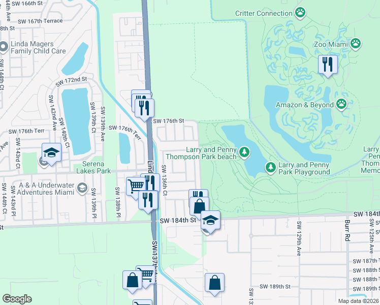 map of restaurants, bars, coffee shops, grocery stores, and more near 13451 Southwest 178th Street in Miami