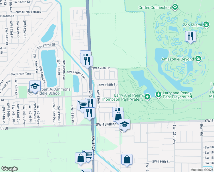 map of restaurants, bars, coffee shops, grocery stores, and more near 13601 Southwest 178th Street in Miami