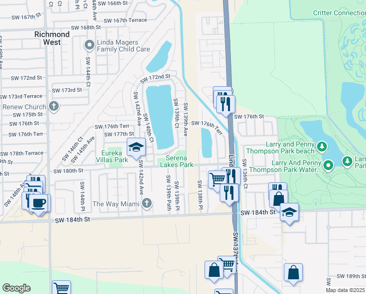 map of restaurants, bars, coffee shops, grocery stores, and more near 13905 Southwest 178th Street in Miami