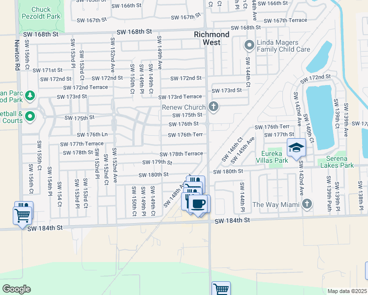 map of restaurants, bars, coffee shops, grocery stores, and more near 14784 Southwest 177th Terrace in Miami